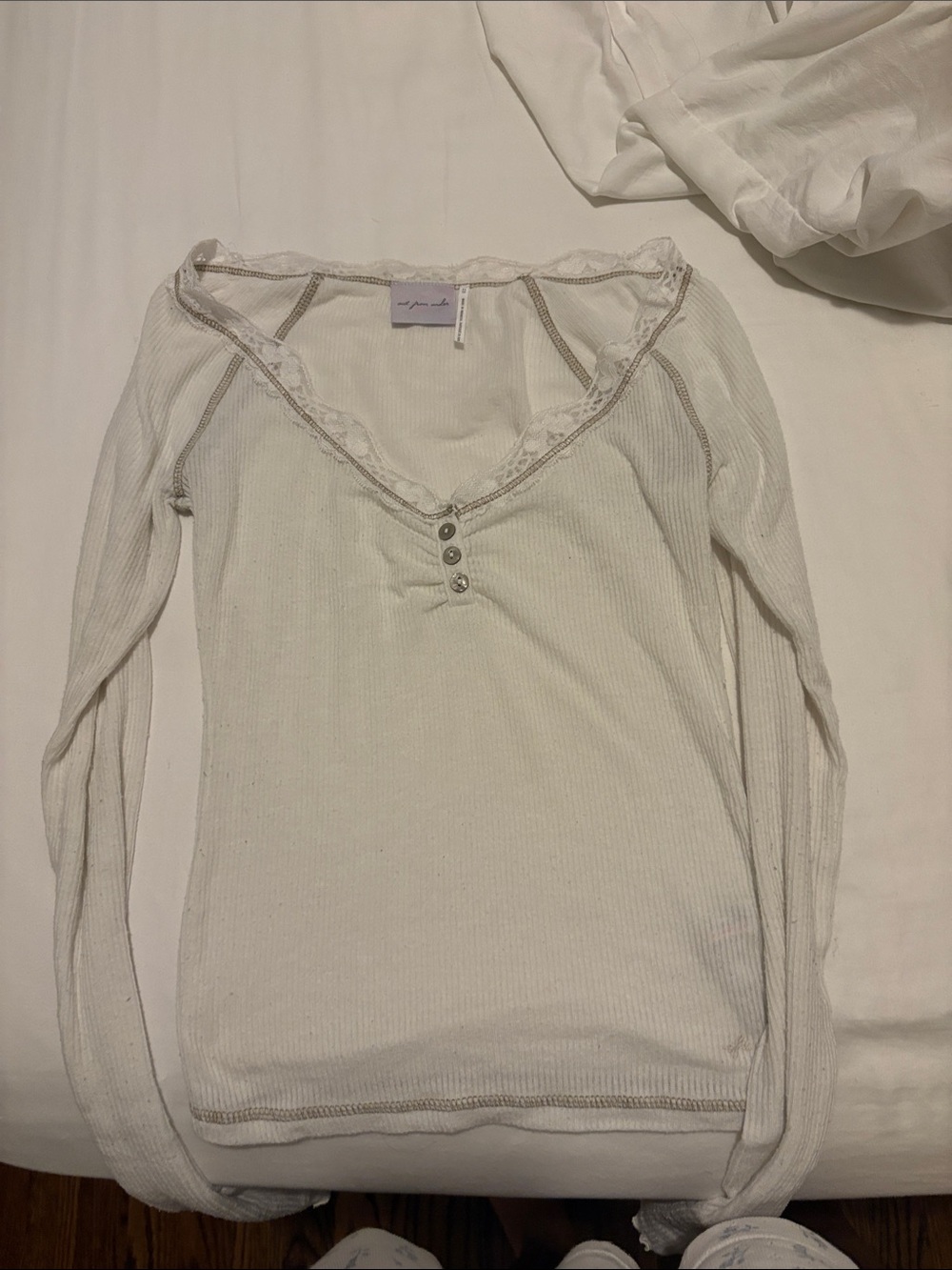 urban outfitters White Lace-Trim Ribbed Long Sleeve Top